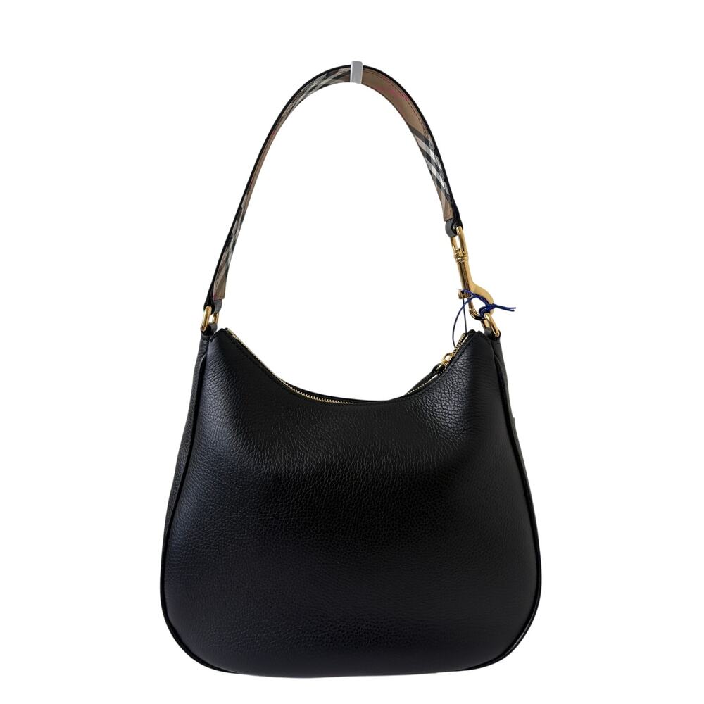 Burberry Black Pebbled Leather with Check Shoulder/hobo bag New - Picture 9 of 10